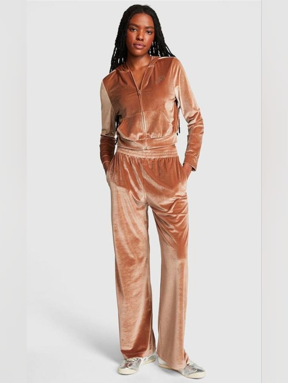 NWT PINK Velour Shine Logo Wide-Leg Pants Size L